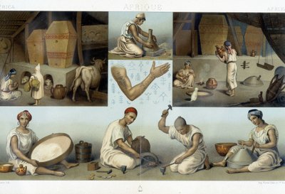 Berberowie Kabyle: wnętrze domu Kabyle - przemysł - tatuaże - w „Le costume historique” Racineta autorstwa Unknown artist