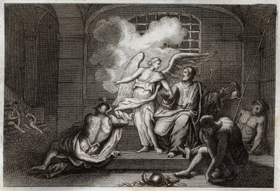 Biblia Royaumont, Nowy Testament: Św. Piotr Delivre z więzienia. Święty Piotr zostaje zwolniony z więzienia nocą przez Anioła. Ilustracja z 1811 roku. autorstwa Unknown artist