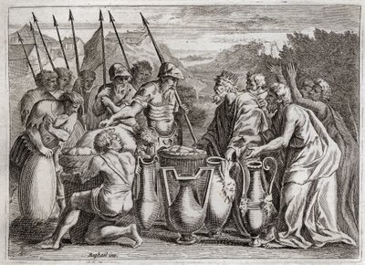Biblia Royaumont, Stary Testament: Abraham uwalnia Lotha. Abraham ratuje swojego siostrzeńca Lotha z rąk wrogów. Arcykapłan Melchizedek (Melchizedek lub Melchizedek lub Melchizedek lub Melchizedek lub Melchizedek) benit. Król Sodomy zaproponował mu autorstwa Unknown artist