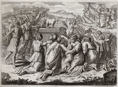 Biblia Royaumont, Stary Testament: Adoracja Złotego Cielca. Mojżesz widząc Hebrajczyków i złotego cielca łamie Tablice Prawa. Ilustracja z 1811 roku. autorstwa Unknown artist