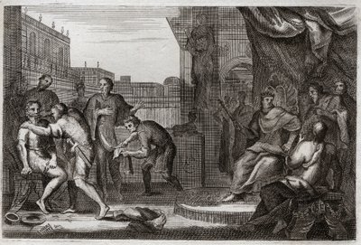 Biblia Royaumont, Stary Testament: Ambasadorowie Dawida. Dawid wysłał Joaba przeciwko Ammonitom, aby zemścił się za zniewagę, jaką Hanon, ich książę, wyrządził swoim ambasadorom, których wziął za szpiegów. Ilustracja z 1811 roku. autorstwa Unknown artist