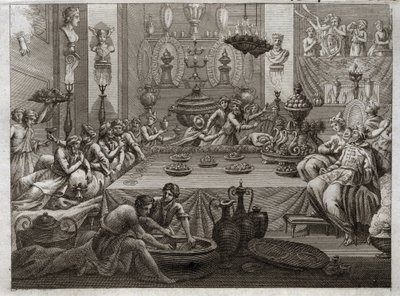 Biblia Royaumont, Stary Testament: Baltazar potępia. Król Baltazar (Belshatsar) widzi przy stole rękę, która w trzech słowach pisze koniec jego zdania. Ilustracja z 1811 roku. autorstwa Unknown artist