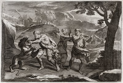 Biblia Royaumonta, Stary Testament: Narodziny Samsona. Samson rozrywa lwa na kawałki. Ilustracja z 1811 roku. autorstwa Unknown artist