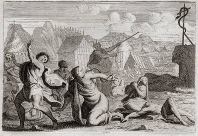 Biblia Royaumont, Stary Testament: Miedziany Wąż. Lud szemrzący przeciwko Bogu i przeciwko Mojżeszowi jest karany przez węże ogniste; z którego zostali zranieni przez węża miedzianego, którego Mojżesz wzbudził, aby był widoczny dla całego ludu. Ilustracja autorstwa Unknown artist