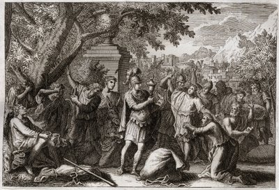 Biblia Royaumont, Stary Testament: Bracia Józefa. Józef ma swoich braci w więzieniu. Ilustracja z 1811 roku. autorstwa Unknown artist