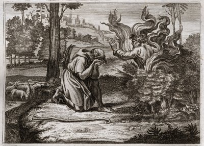 Biblia Royaumont, Stary Testament: Płonący krzew. Bóg przemawia do Mojżesza ze środka płonącego krzewu. Ilustracja z 1811 roku. autorstwa Unknown artist