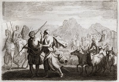 Biblia Royaumont, Stary Testament: Powołanie Abrahama. Bóg wzywa Abrahama i nakazuje mu opuścić ziemię Chaldejczyków i wejść do ziemi, którą obiecał mu dać. Ilustracja z 1811 roku. autorstwa Unknown artist