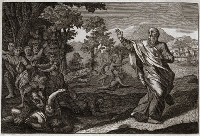 Biblia Royaumont, Stary Testament: Dzieci pożerają niedźwiedzie. Dzieci śmiejące się z łysiny Elizeusza są rozdzierane przez niedźwiedzie. Ilustracja z 1811 roku. autorstwa Unknown artist