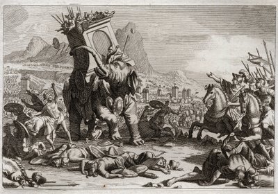Biblia Royaumont, Stary Testament: Odwaga Eleazara. Seleucydzki król Antiochos V Eupator, syn bezbożnego Antiochosa IV Epifana (175-164 pne), walczył po śmierci ojca z Judaszem Machabeuszem (Machabe, Macabee). Nadzwyczajna akcja Ele autorstwa Unknown artist