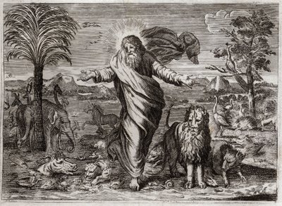 Biblia Royaumont, Stary Testament: Stworzenie Świata. Bóg ciągnie niebo i ziemię znikąd iw ciągu sześciu dni zdobi je i ludzi wszelkiego rodzaju stworzeń. Ilustracja z 1811 roku. autorstwa Unknown artist