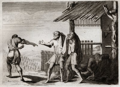 Biblia Royaumont, Stary Testament: Przeklęty Cham jego Ojca (pijaństwo Noe). Cham, drugie z dzieci Noego, widzi swojego ojca w nieprzyzwoitej postawie, nie dba o to i zostaje na niego przeklęty. Ilustracja z 1811 roku. autorstwa Unknown artist