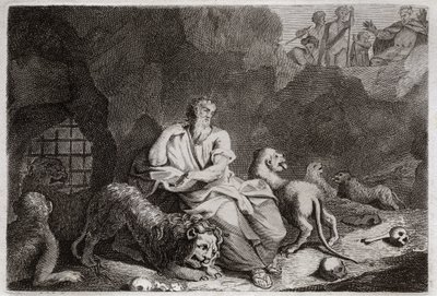 Biblia Royaumont, Stary Testament: Daniel w jamie lwów. Daniel zostaje wrzucony do dołu Lwów i cudem jest pijany. Ilustracja z 1811 roku. autorstwa Unknown artist