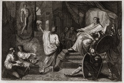 Biblia Royaumont, Stary Testament: prorok Daniela. Prorok Daniel objawia królowi Nabuchodonozorowi II sen, który miał, i wyjaśnia mu, co miał na myśli. Ilustracja z 1811 roku. autorstwa Unknown artist