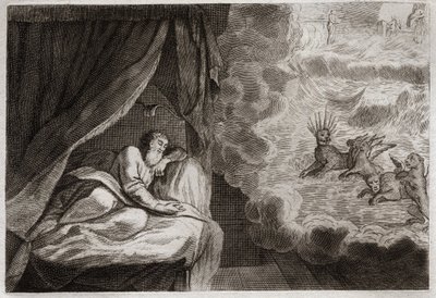 Biblia Royaumont, Stary Testament: wizja Daniela czterech monarchii Asyryjczyków, Persów, Greków i Rzymian. Widzą cztery potwory: Haniel, Kafziel, Azriel, Aniel. Ilustracja z 1811 roku. autorstwa Unknown artist