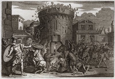 Biblia Royaumont, Stary Testament: Śmierć Abimelecha. Abimelech (Abimelec lub Ahimelech lub Ahimelek) zostaje zabity przez kobietę, która rozbija go kamieniem podczas oblężenia Tebetz. Ilustracja z 1811 roku. autorstwa Unknown artist