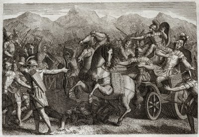 Biblia Royaumont, Stary Testament: Śmierć Achaba. Achab (Achab) prowadził wojnę przeciwko Syrii i został zabity przypadkową strzałą. Ilustracja z 1811 roku. autorstwa Unknown artist