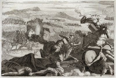 Biblia Royaumont, Stary Testament: Śmierć Judasza. Klęska Demetriosa I Sotera i Nicanora. Śmierć Judasza Machabeusza (Machabe, Macabee) w bitwie. Ilustracja z 1811 roku. autorstwa Unknown artist