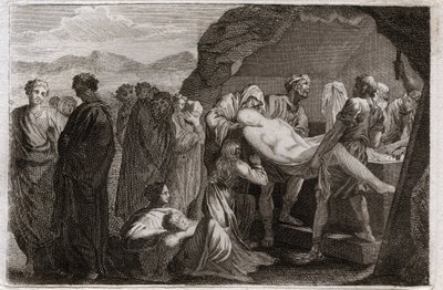 Biblia Royaumont, Stary Testament: Śmierć Sary. Sara (Sara) umiera. Abraham, aby go pochować, kupił grób w mieście Geth. Ilustracja z 1811 roku. autorstwa Unknown artist