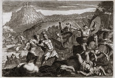 Biblia Royaumont, Stary Testament: Klęska Amaleka (Amalek). Mojżesz odniósł zwycięstwo nad Amalekitami, trzymając ręce wysoko w niebie. Ilustracja z 1811 roku. autorstwa Unknown artist