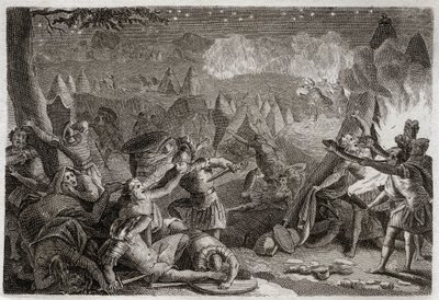 Biblia Royaumont, Stary Testament: Klęska Midianitów przy dźwiękach trąb i światłach lamp. Ilustracja z 1811 roku. autorstwa Unknown artist