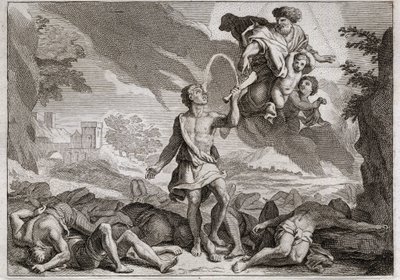 Biblia Royaumont, Stary Testament: Klęska Filistynów. Samson zabija osła szczęką tysiąc Filistynów. Bóg sprawia, że woda wypływa ze szczęk, aby Samson mógł ugasić pragnienie. Ilustracja z 1811 roku. autorstwa Unknown artist