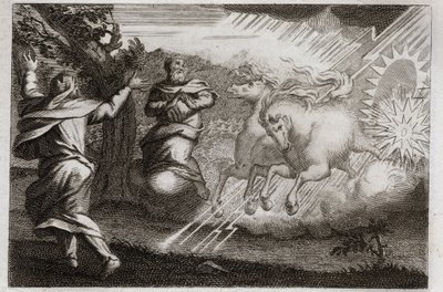 Biblia Royaumont, Stary Testament: Eliasz jest zachwycony niebem. Eliasz zostaje zabrany do nieba w rydwanie ognia w obecności swego ucznia. Elisee otrzymuje od niego swój podwójny umysł: dzieli wody Jordanu płaszczem Eliasza. Ilustr autorstwa Unknown artist