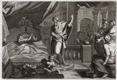 Biblia Royaumont, Stary Testament: Ezechiasz otrzymuje zdrowie. Król Ezechiasz zachorował po śmierci, otrzymał zdrowie i kolejne piętnaście lat życia. Prorok Izajasz (Izajasz) ogłasza swoją wojnę: znakiem będzie cofnięcie cienia zegara o dziesięć stopni autorstwa Unknown artist