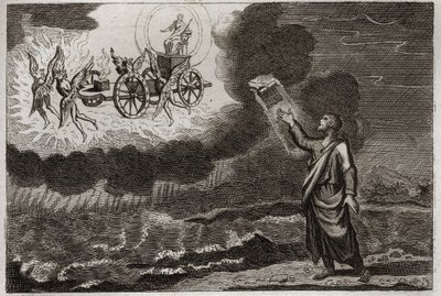 Biblia Royaumont, Stary Testament: prorok Ezechiel. Św. Prorok miał wizję, w której Pan ukazał mu się na wozie niesionym przez czterech cherubinów (tetramorfy). Ilustracja z 1811 roku. autorstwa Unknown artist