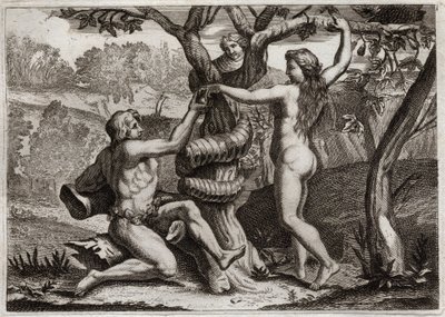 Biblia Royaumont, Stary Testament: Upadek Adama. Demon pod twarzą węża przemawia do Ewy, a namiot do jedzenia zakazanego owocu: Ewa upada, a także powoduje upadek Adama. Ilustracja z 1811 roku. autorstwa Unknown artist