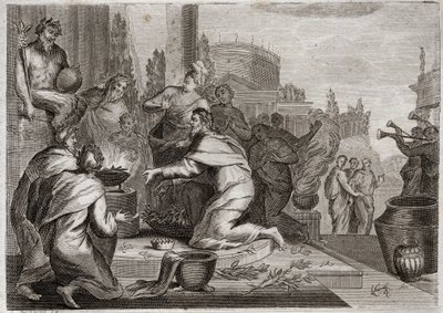 Biblia Royaumont, Stary Testament: Upadek Salomona. Salomon jest zepsuty przez kobiety i ofiarowuje kadzidło bożkom fałszywych bogów. Jego śmierć. Ilustracja z 1811 roku. autorstwa Unknown artist