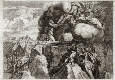 Biblia Royaumont, Stary Testament: Pierwsze Tablice Prawa. Bóg daje Prawo swojemu ludowi na górze Synaj. Mojżesz otrzymuje 10 przykazań z rąk Boga. Ilustracja z 1811 roku. autorstwa Unknown artist