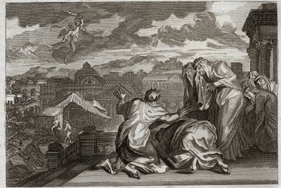 Biblia Royaumont, Stary Testament: Fleau of the Plague. A Dawid, uczyniwszy zacienienie całego swego ludu przez ruch próżności, Bóg zaraża swoje królestwo zarazą, która w ciągu trzech dni zabiera siedemdziesiąt tysięcy ludzi. Ilustracja z 1811 roku. autorstwa Unknown artist