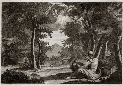 Biblia Royaumont, Stary Testament: Lot agaru. Agar (Hagar) wschodzi, opowieść Sara (Sara) jego kochanka. Sara z surowością mówi o swojej bezczelności. Agar nie może jej tolerować i uciekł z domu na pustyni, albo Anioł rozmawia z nią, by sprowadzić ją z pow autorstwa Unknown artist