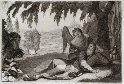 Biblia Royaumont, Stary Testament: Lot Eliasza. Eliasz uciekający przed gniewem Jezabel, który chciał zemścić się na nim za śmierć jego fałszywych proroków, jest wspierany na pustyni przez Anioła, który przynosi mu jedzenie. Ilustracja z 1811 roku. autorstwa Unknown artist