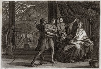 Biblia Royaumont, Stary Testament: Przyjaciele Hioba. Hiob, zamiast być pocieszanym przez trzech książąt, jego przyjaciele, którzy przyszli do niego, otrzymali tylko smutek, ponieważ chcieli, aby wyglądał na winnego. Ilustracja z 1811 roku. autorstwa Unknown artist