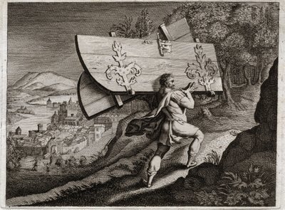 Biblia Royaumont, Stary Testament: Bramy Gazy. Samson, zamknij się w Gazie, wyrwij bramy miasta. Ilustracja z 1811 roku. autorstwa Unknown artist