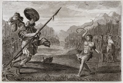 Biblia Royaumont, Stary Testament: Olbrzymi Goliat. Goliat, Filistyn, o niezwykłej wielkości, zostaje pokonany przez Dawida, bronią tylko z procą i kijem. Ilustracja z 1811 roku. autorstwa Unknown artist
