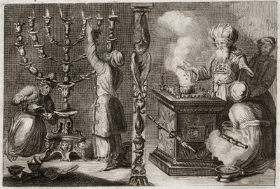 Biblia Royaumont, Stary Testament: Złoty świecznik ma siedem gałęzi (menorah lub menora) w Tabernakulum. Ilustracja z 1811 roku. autorstwa Unknown artist