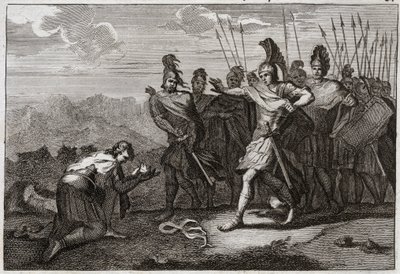 Biblia Royaumont, Stary Testament: Głowa Saula. Filistyni cieszą się ze śmierci Saula i ofiarowują jego głowę swojemu bożkowi. David żałuje śmierci i udaje się do Judee, albo zostaje uznany za króla w Hebronie. Ilustracja z 1811 roku. autorstwa Unknown artist
