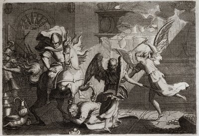 Biblia Royaumont, Stary Testament: Heliodor polujący na świątynię. Heliodor (Heliodoros) wysłany przez swego władcę w celu splądrowania Świątyni Jerozolimskiej, został pobity dziedzińcami przez anioły. Ilustracja z 1811 roku. autorstwa Unknown artist