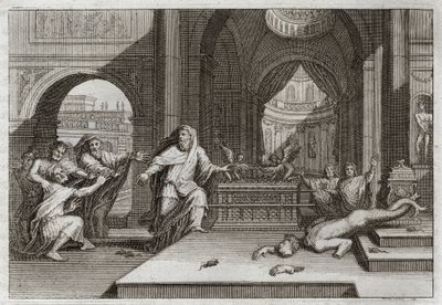 Biblia Royaumont, Stary Testament: Idol Dagona. A kiedy Filistyni umieścili Arkę Przymierza w świątyni obok Dagona, swego Boga, sprowadziła ich bożka i zadała im straszliwą plagę, która zmusiła ich do odesłania jej. Illu autorstwa Unknown artist