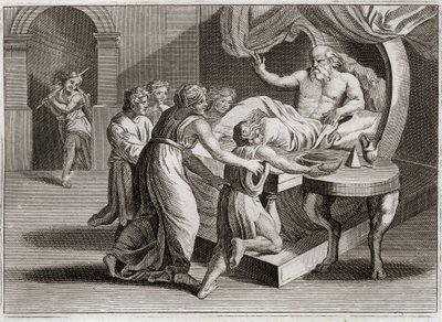 Biblia Royaumont, Stary Testament: Izaak pobłogosławił Jakuba. Izaak pragnąc pobłogosławić Ezawa, poprzez mądrość Rebeki, do której należała zgodnie z planem Bożym, udziela jej błogosławieństwa Jakubowi. Ilustracja z 1811 roku. autorstwa Unknown artist