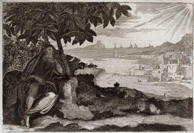 Biblia Royaumont, Stary Testament: Bluszcz desseche. Bóg pokazuje swoim wrażliwym przykładem swojemu prorokowi Jonaszowi, jak bardzo kocha ludzi i jak bardzo cierpi, kiedy jest zmuszony ich ukarać. Ilustracja z 1811 roku. autorstwa Unknown artist