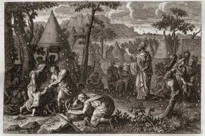 Biblia Royaumont, Stary Testament: Żydzi na pustyni (lub bunt manny). Bóg sprawia, że manna spada z nieba przez czterdzieści lat. Ilustracja z 1811 roku. autorstwa Unknown artist