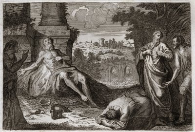 Biblia Royaumont, Stary Testament: Hiob na oborniku. Święty Hiob jest kuszony przez demona, który odbiera mu całe dobro i wszystkie jego dzieci, zadaje mu straszliwą ranę i zostawia mu tylko żonę, która niecierpliwie go nosi. Ilustracja z 181 autorstwa Unknown artist