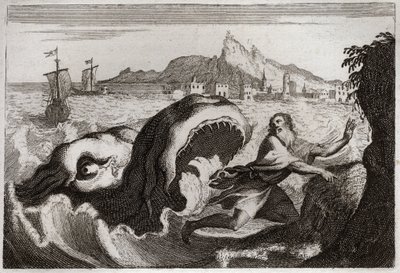 Biblia Royaumont, Stary Testament: Jonasz w wielorybie. Prorok Jonasz żyje na wielorybie i wychodzi żywy. Ilustracja z 1811 roku. autorstwa Unknown artist