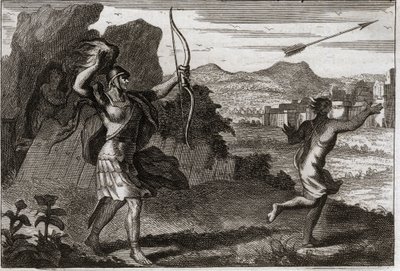 Biblia Royaumont, Stary Testament: Jonatan i Dawid. A gdy Jonatan zobaczył zgorzkniałość ojca, Saul ostrzegł go, by się wycofał. Ilustracja z 1811 roku. autorstwa Unknown artist