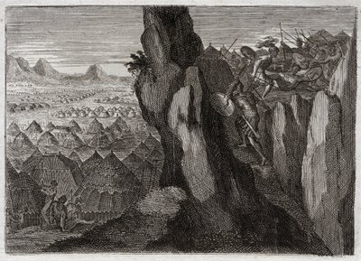 Biblia Royaumont, Stary Testament: Jonathan i jego Ecuyer. Jonatan, syn króla Saula, idzie sam ze swoim Ecuyerem do obozu Filistynów i zmusza ich do ucieczki. Ilustracja z 1811 roku. autorstwa Unknown artist