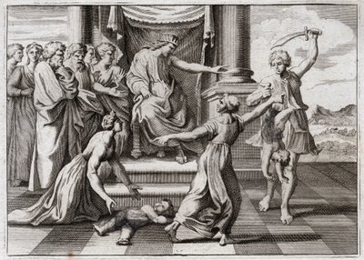 Biblia Royaumont, Stary Testament: Wyrok Salomona. Słynny osąd Salomona między dwiema kobietami, aby rozpoznać, która z nich jest matką dziecka, które obie twierdziły, że są nią. Ilustracja z 1811 roku. autorstwa Unknown artist