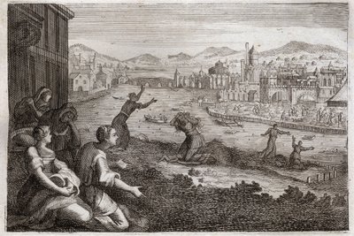 Biblia Royaumont, Stary Testament: Położne Egiptu. Faraon sprawia, że dzieci Izraelitów płci męskiej są wrzucane do Nilu. Ilustracja z 1811 roku. autorstwa Unknown artist